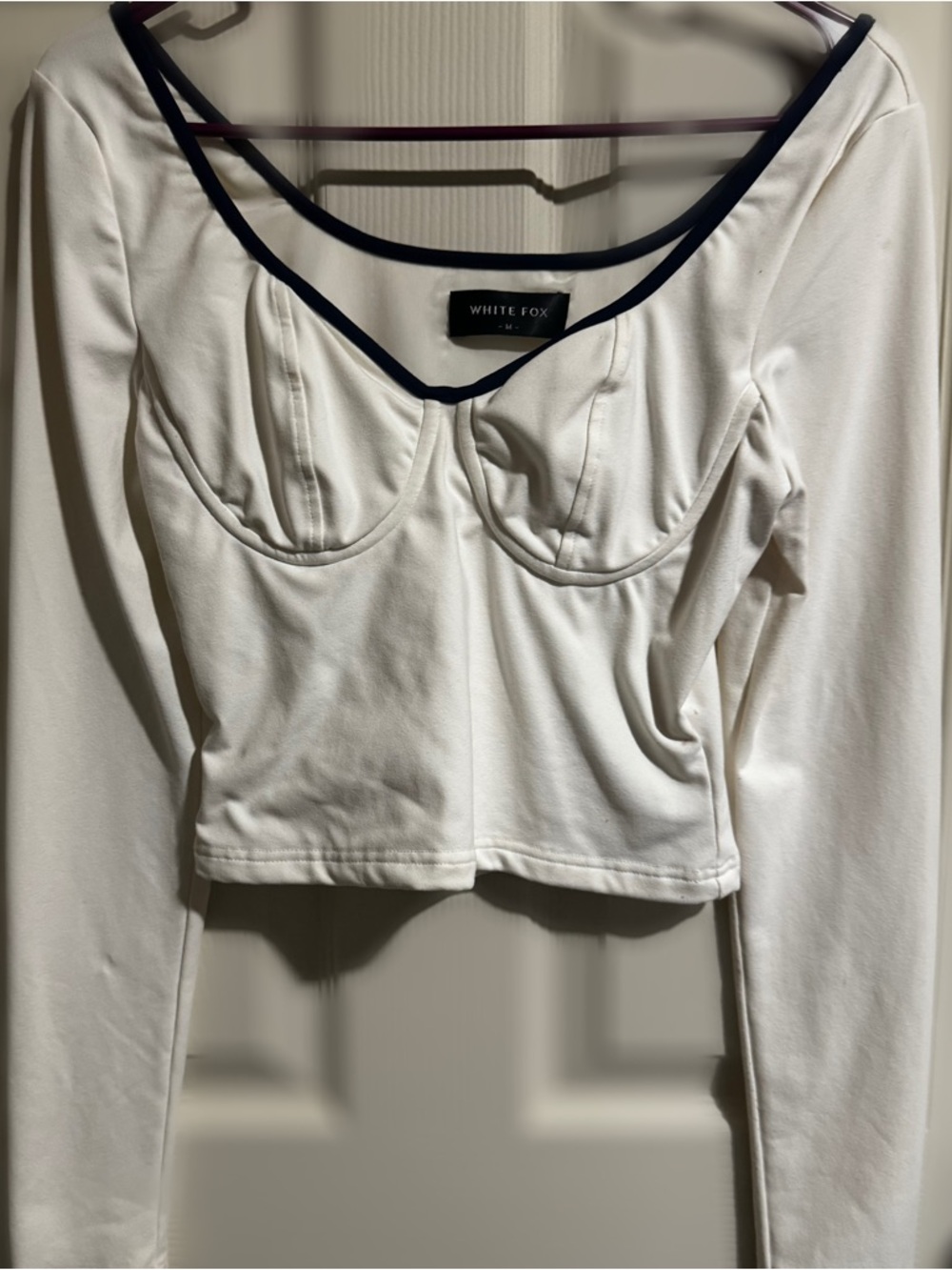 White Fox Boutique White Long-Sleeve Bustier Crop Top with Black Piping